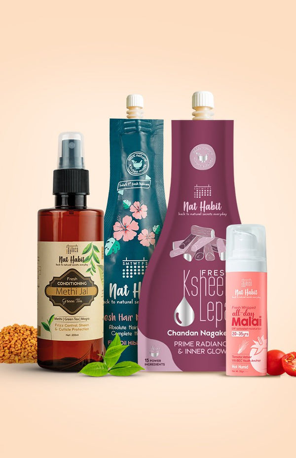 <strong>Tomato Vetiver Face Malai, Green Tea Methi Jal, Five Oil Hibiscus NutriMask & Chandan Nagakesar Lepa Combo </strong> <br><i>Combo Pack of 4</i> - Nat Habit