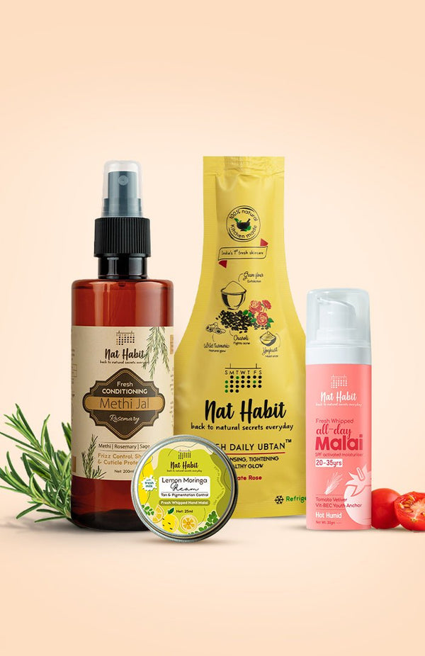 <strong>Tomato Vetiver Face Malai, Lemon Moringa Hand Malai, Rosemary Methi Jal & Delicate Rose Ubtan Combo </strong> <br><i>Combo Pack of 4</i> - Nat Habit