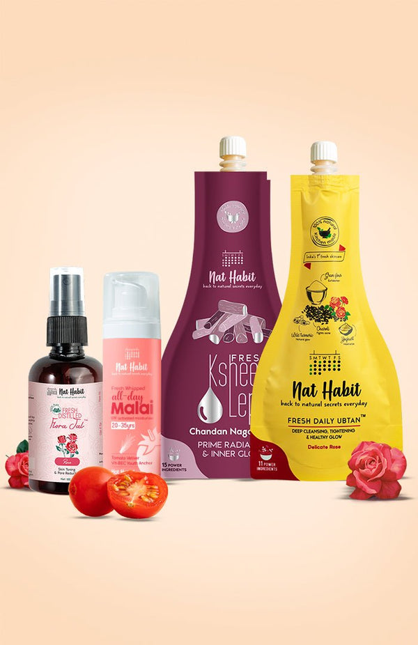<strong>Tomato Vetiver Face Malai, Pure Gulab Jal, Delicate Rose Ubtan & Chandan Nagakesar Lepa Combo</strong> <br><i>Combo Pack of 4</i> - Nat Habit