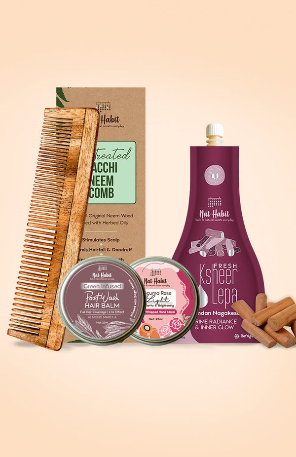 <strong>Tucuma Rose Hand Malai, Chandan Nagakesar Lepa, Dual Tooth Comb & Almond Marula Hair Balm Combo</strong> <br><i>Combo Pack of 4</i> - Nat Habit