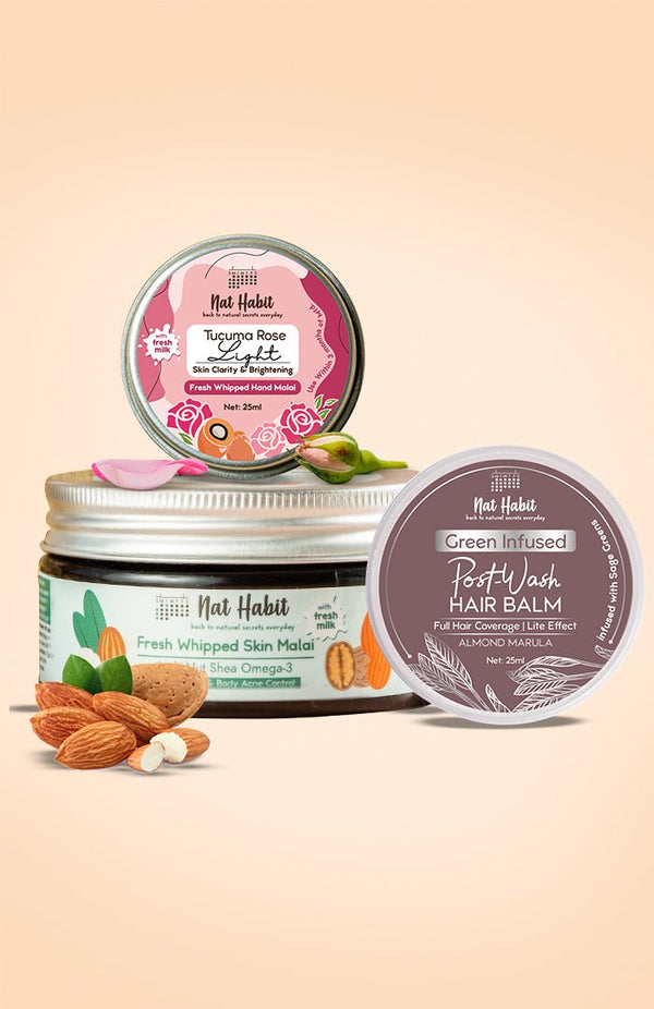 <strong>Tucuma Rose Hand Malai, Multi Nut Skin Malai & Almond Marula Hair Balm Combo</strong> <br><i>Combo Pack of 3</i> - Nat Habit
