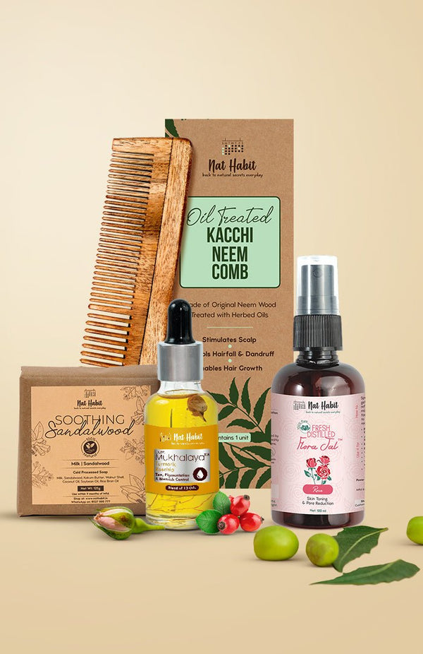<strong>Turmeric Rosehip Mukhalaya, Pure Gulab Jal, Soothing Sandalwood Soap & Dual Tooth Comb Combo</strong> <br><i>Combo Pack of 4</i> - Nat Habit