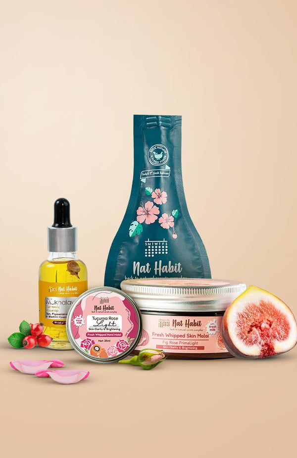 <strong>Turmeric Rosehip Mukhalaya, Tucuma Rose Hand Malai, Five Oil Hibiscus NutriMask & Fig Rose Skin Malai Combo</strong> <br><i>Combo Pack of 4</i> - Nat Habit