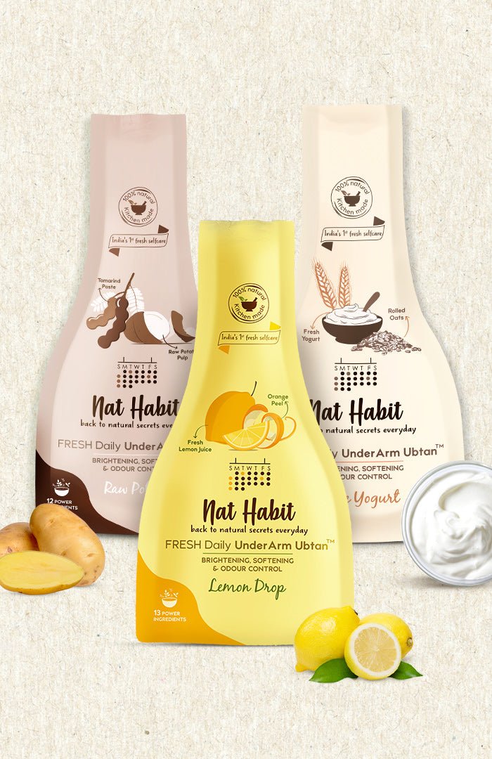 <strong>White Yogurt, Lemon & Potato UnderArm Ubtan </strong><br> <strong>Combo Pack of 3 </strong><br><i>Brightening, Softening & Odour Control</i> - Nat Habit