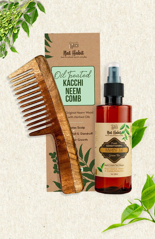 <strong>Wide Tooth Comb & Green Tea Methi Jal</strong> <br><i>Combo for Frizz Control</i> - Nat Habit