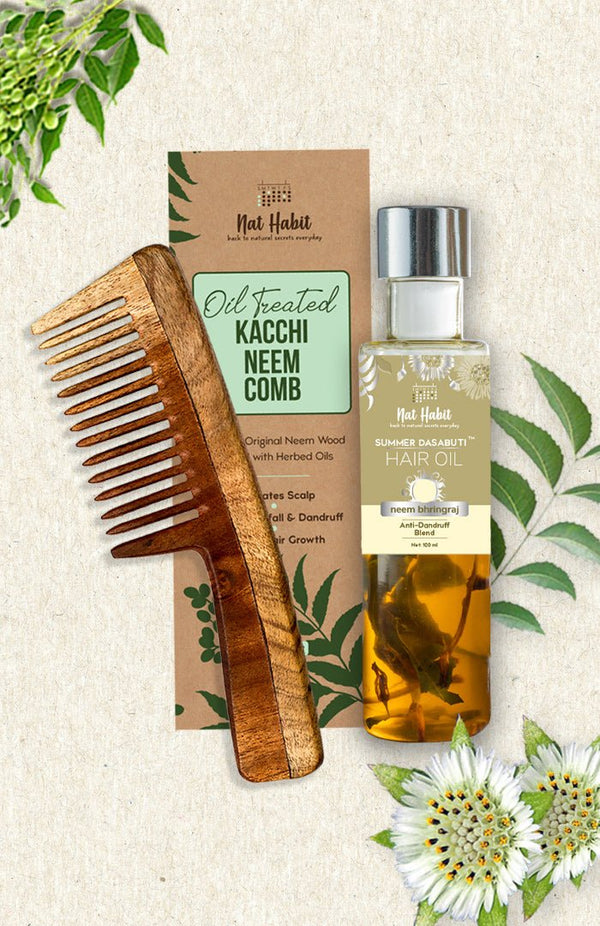 <strong>Wide Tooth Comb & Neem Bhringraj DASABUTI Hair Oil</strong> <br><i>Combo for Dandruff Control</i> - Nat Habit