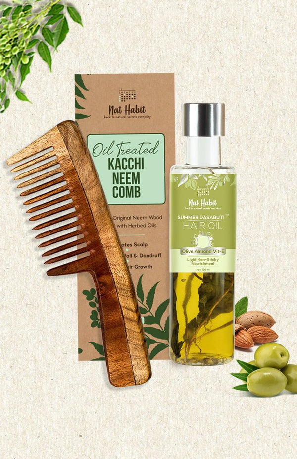 <strong>Wide Tooth Comb & Olive Almond DASABUTI Hair Oil</strong> <br><i>Combo for Lite Oil Care</i> - Nat Habit