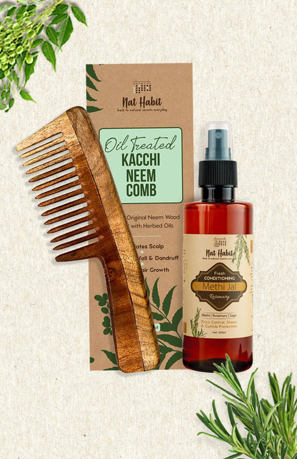 <strong>Wide Tooth Comb & Rosemary Methi Jal</strong> <br><i>Combo for Frizz Control</i> - Nat Habit