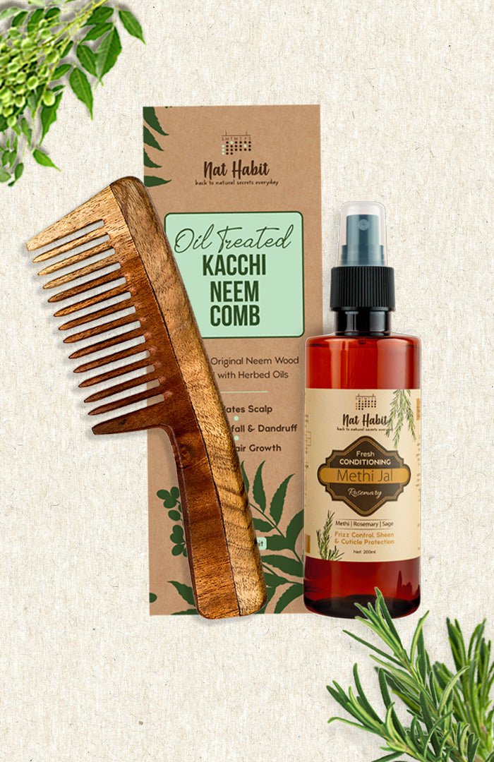 <strong>Wide Tooth Comb & Rosemary Methi Jal</strong> <br><i>Combo for Frizz Control</i> - Nat Habit