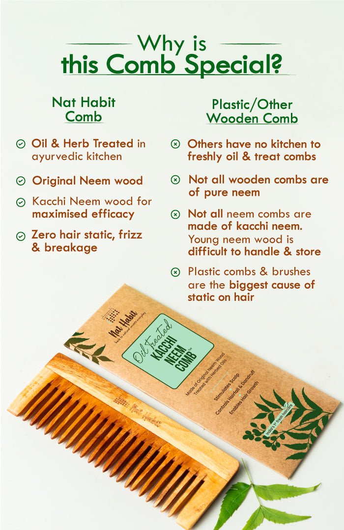 <strong>Wide Tooth Kacchi Neem Shampoo Comb</strong> <br><i>Post Shampoo Detangling, Large Size</i> - Nat Habit