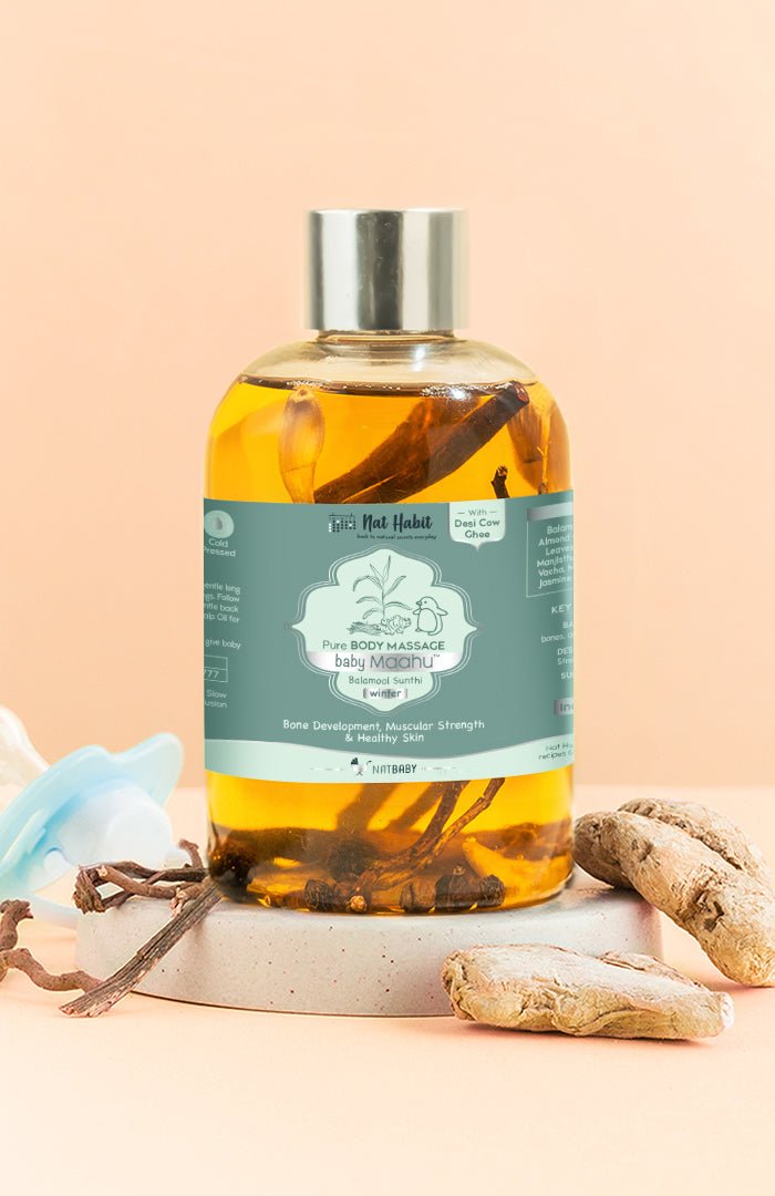 <strong>Winter Baby Massage Maahu - Balamool Sunthi - 100ml</strong> <br><i>Bone Development, Muscular Strength & Healthy Skin</i> - Nat Habit