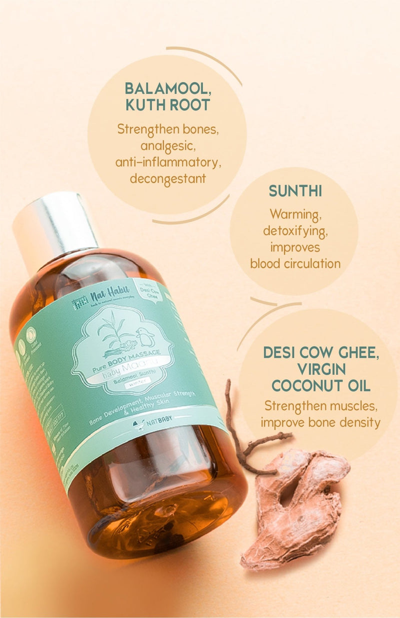<strong>Winter Baby Massage Maahu - Balamool Sunthi - 100ml</strong> <br><i>Bone Development, Muscular Strength & Healthy Skin</i> - Nat Habit
