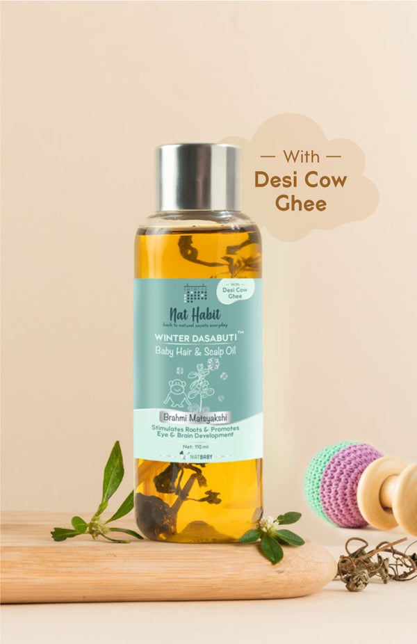 <strong>Winter Baby Scalp & Hair Oil - Brahmi Matsyakshi DASABUTI - 110ml</strong> <br><i>Brain Development, Eye Development & Hair Stimulation</i> - Nat Habit