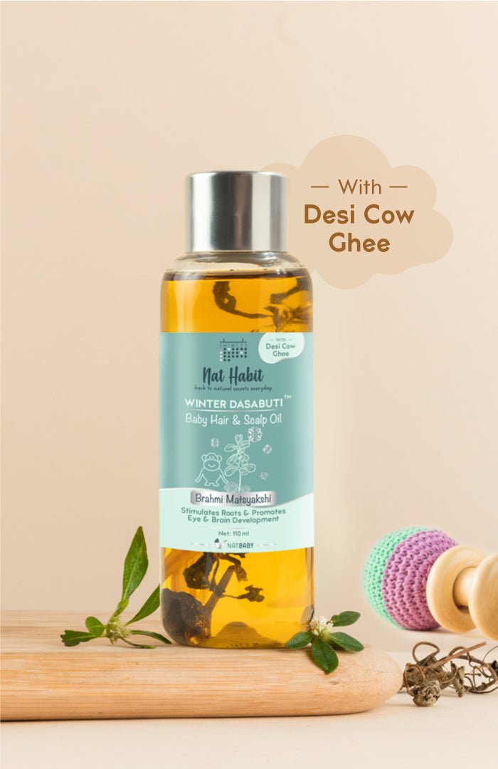 <strong>Winter Baby Scalp & Hair Oil - Brahmi Matsyakshi DASABUTI - 110ml</strong> <br><i>Brain Development, Eye Development & Hair Stimulation</i> - Nat Habit