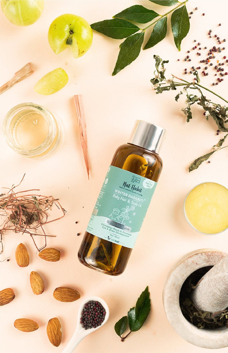 <strong>Winter Baby Scalp & Hair Oil - Brahmi Matsyakshi DASABUTI - 110ml</strong> <br><i>Brain Development, Eye Development & Hair Stimulation</i> - Nat Habit