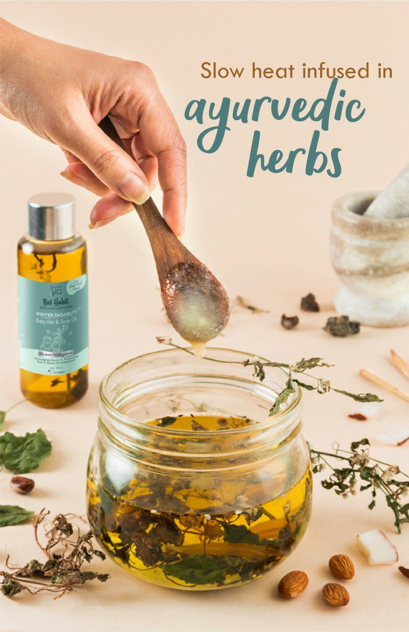 <strong>Winter Baby Scalp & Hair Oil - Brahmi Matsyakshi DASABUTI - 110ml</strong> <br><i>Brain Development, Eye Development & Hair Stimulation</i> - Nat Habit
