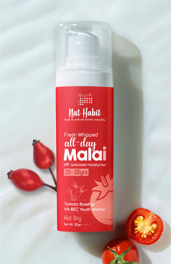 <strong>All-Day Malai - 20-35Yrs - 30g</strong><br><strong>Hot Dry Weather</strong> <br><i>Tomato Rosehip Vit-BEC Youth Anchor</i>