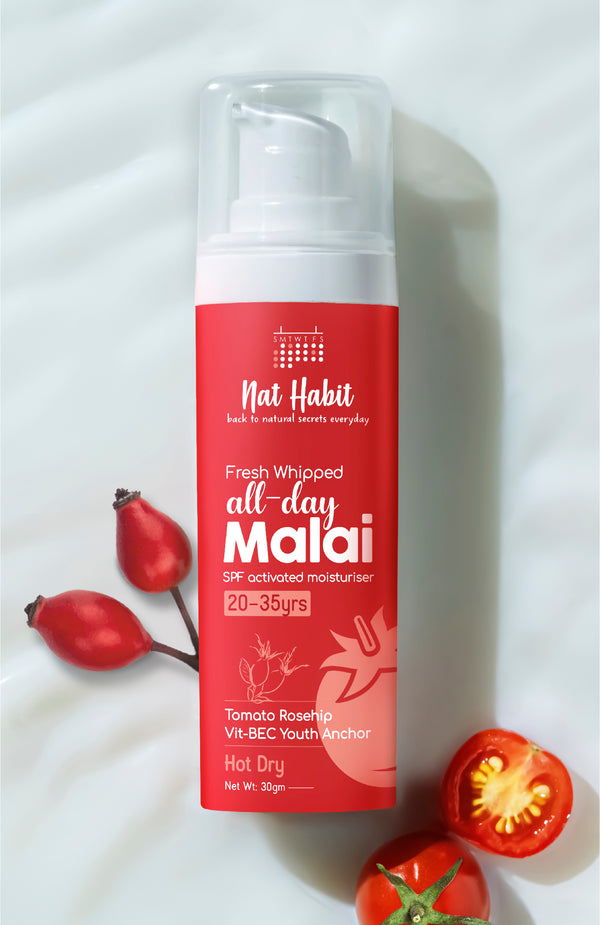 <strong>All-Day Malai - 20-35Yrs - 30g</strong><br><strong>Hot Dry Weather</strong> <br><i>Tomato Rosehip Vit-BEC Youth Anchor</i>