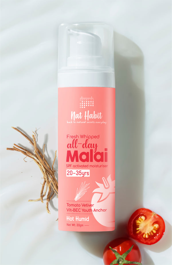 <strong>All-Day Malai - 20-35Yrs - 30g</strong><br><strong>Hot Humid Weather</strong> <br><i>Tomato Vetiver Vit-BEC Youth Anchor</i>